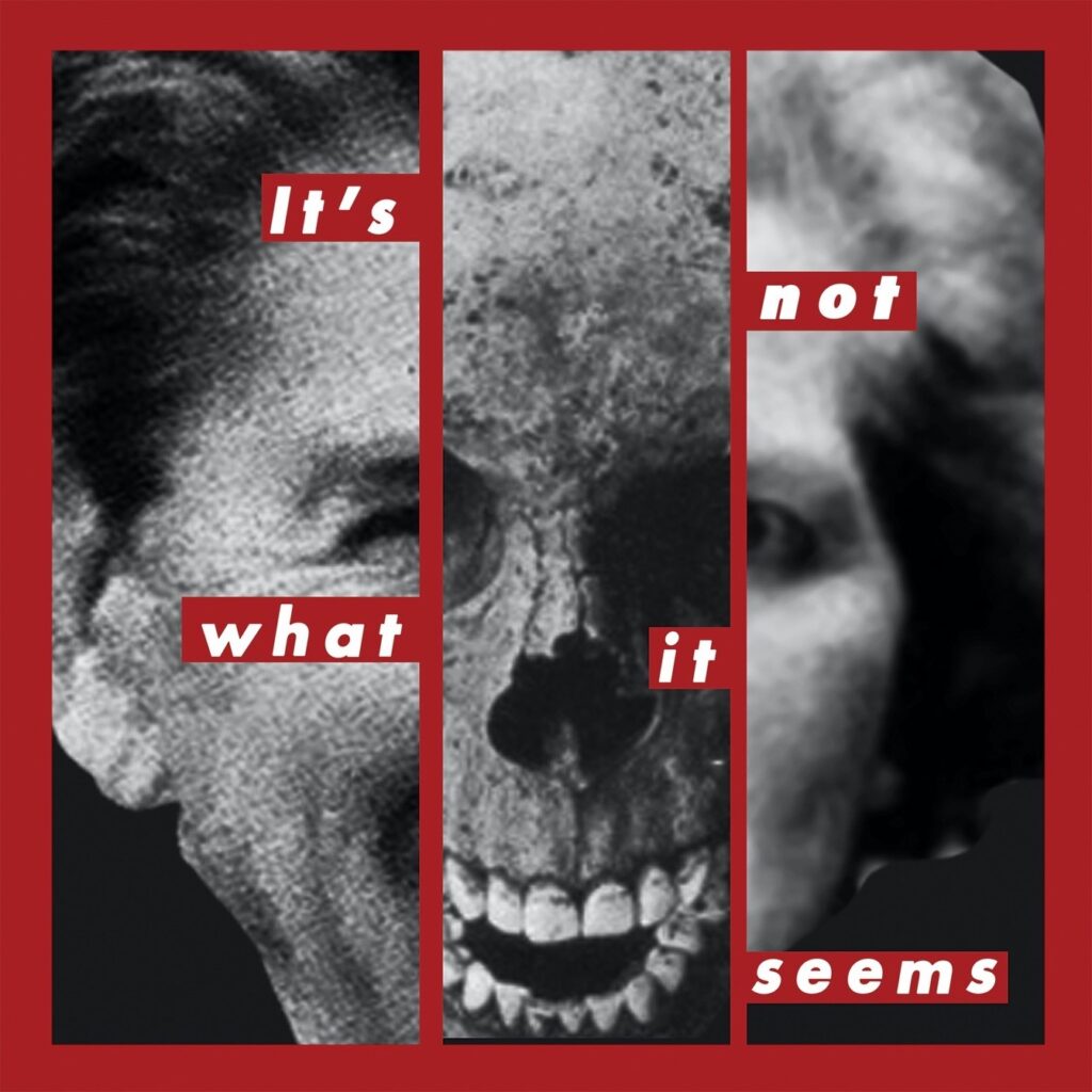 Photographic collage on a compact disco sleeve artwork with Ronald Reagan, Margaret Thatcher and a skull, all in black and white, surrounded red text. Designed in the style of American artist Barbara Kruger