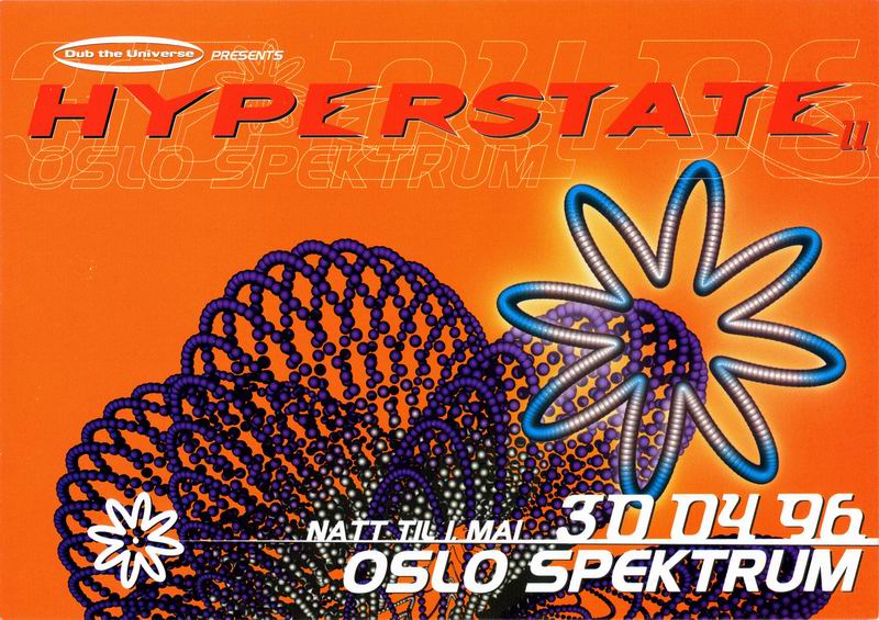 Colourful promotional poster with very abstract shapes and images, with the text HYPERSTATE across the top, and the date 30 04 96 Olsons Spektrum written at the bottom