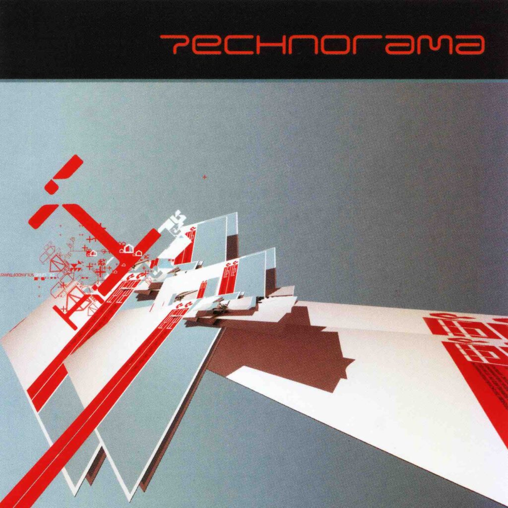 Colourful CD cover artwork. Illustration of exploding building with red and grey colours.