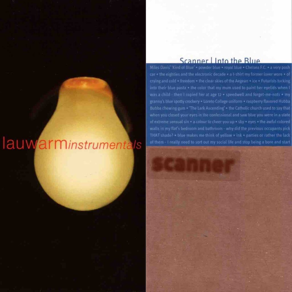 Artwork of three Compact Discs combined into one image. A lightbulb on the left in a black room, and to the right of this texts that report Into the Blue and Scanner on blue and brown backgrounds