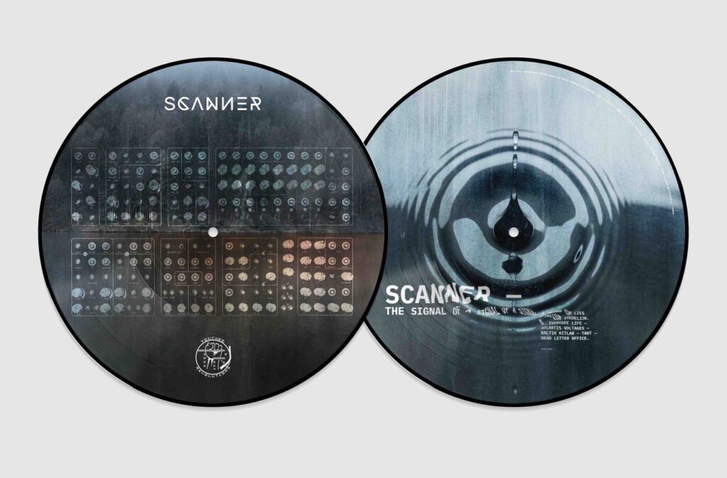 Vinyl LP record artwork of Scanner album The Signal of a Signal of a Signal, featuring photos of rippling water and modular synths