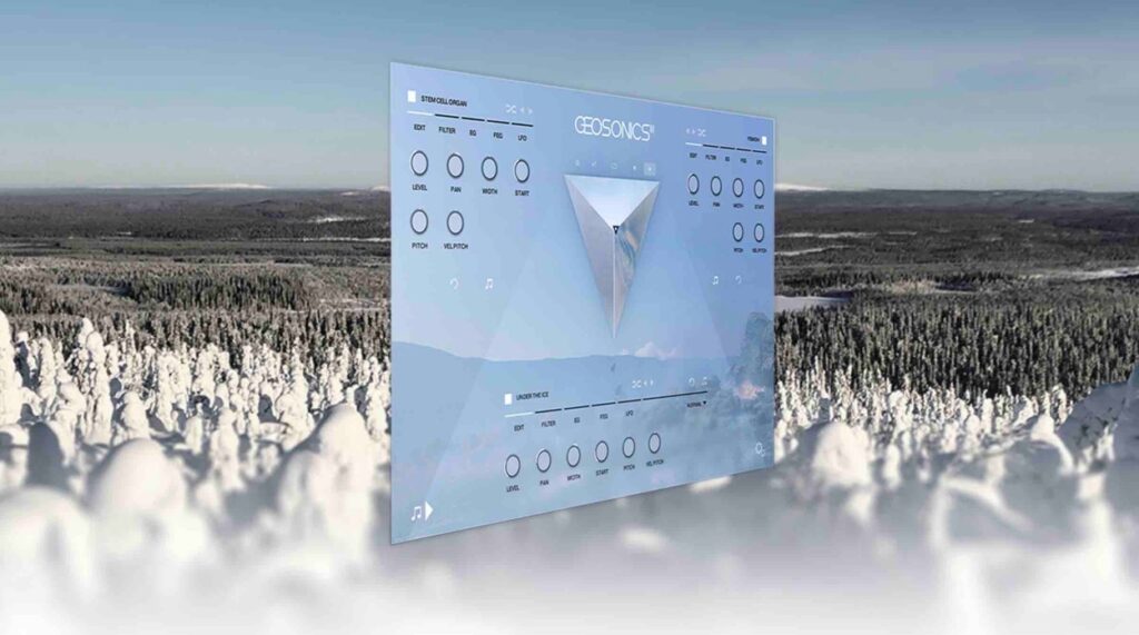 Digital image of a screen grab of Kontakt music software, over an image of an icy landscape