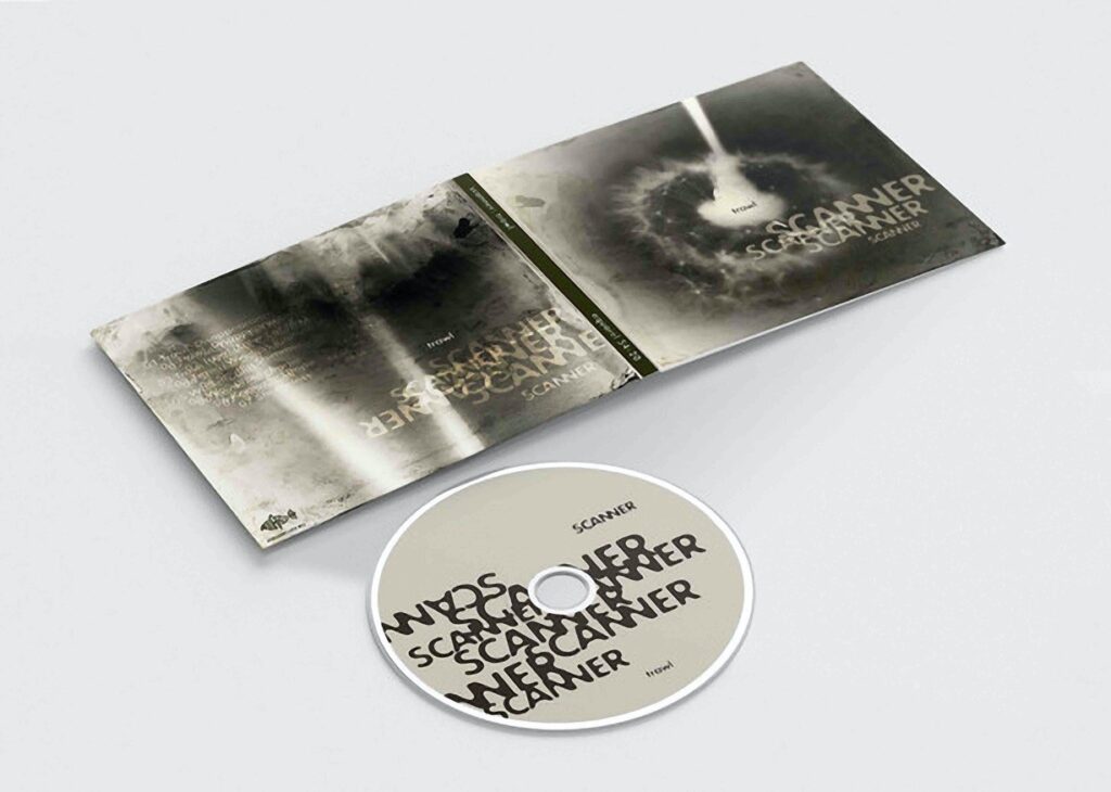 A compact disc cover and disc on a white background. Grey and black and white, no colour at all. Scanner Trawl text is repeated across the cover artwork