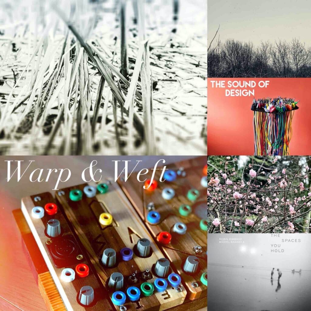 Very colourful image collaging together a series of six record sleeve covers, featuring images of cables, wooden instruments, two figures by the water, trees and other abstract shapes