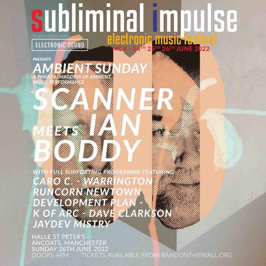 Promotional poster for Subliminal Impulse festival with a list of the artists and an image of two male faces merged into one in a very colourful way
