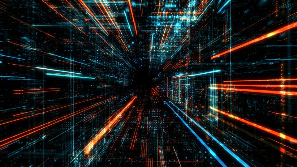 Cyber technology image with an representation of how it might look on the internet, with colourful lines into moving into infinity