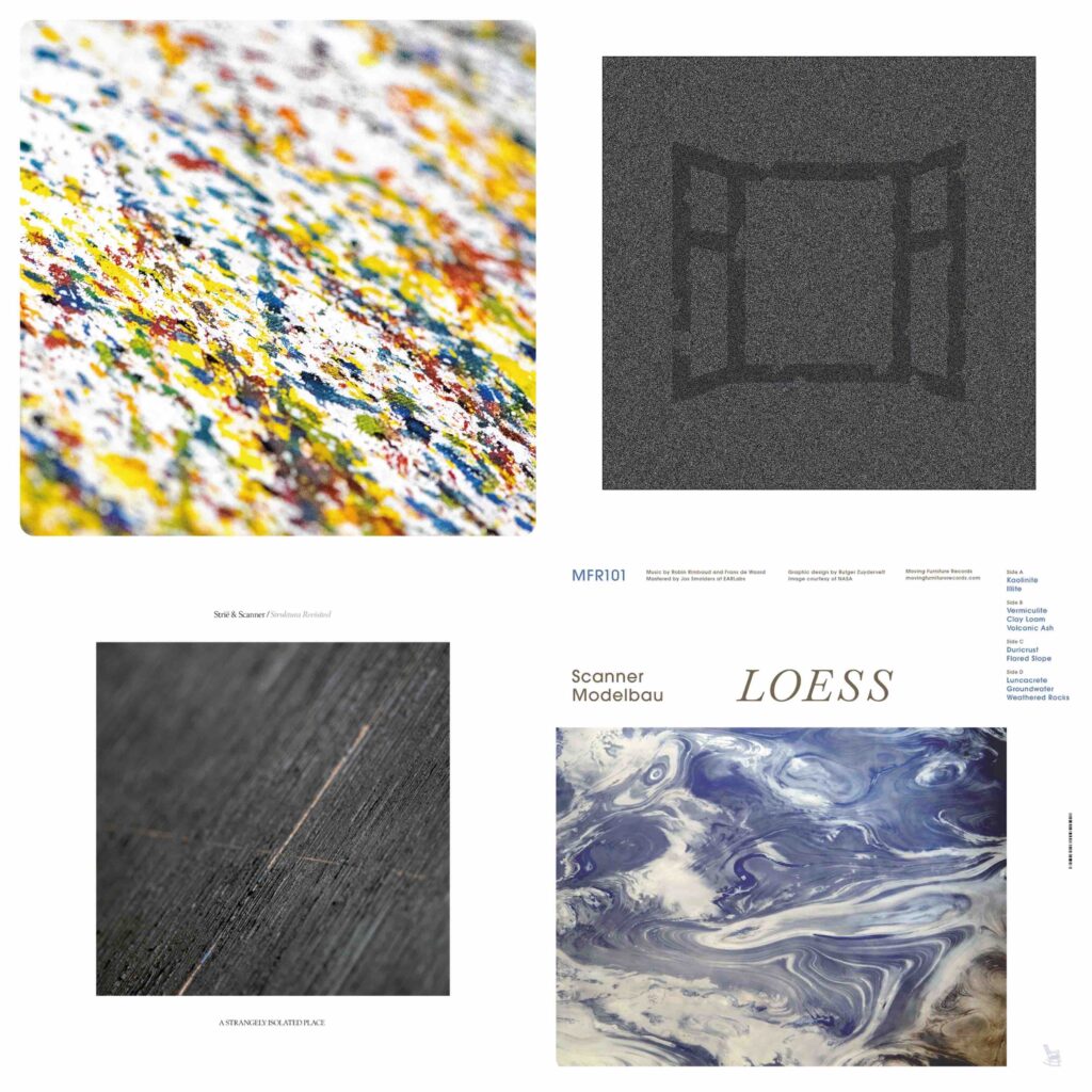 Four album covers, all abstract images, collaged into one single image. Images of landscapes from the sky and close-ups of a painting