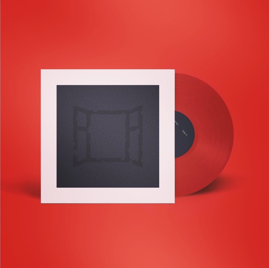 Very bright red image with a red background and a black and white record sleeve in the centre, with a red vinyl record peeking out from the record sleeve