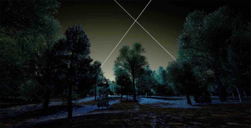 A forest a night, with two beams of light forming a cross pattern in the sky. Very dramatic in nature