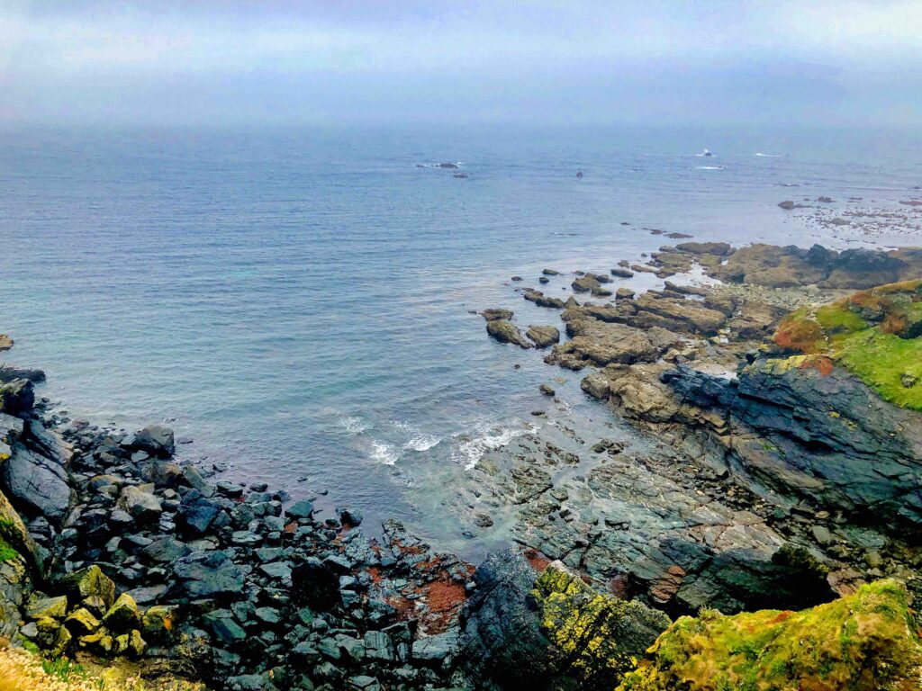 The landscape at Lizard Point in Cornwall, with the calm sea and colourful rocks all around. There is only landscape visible