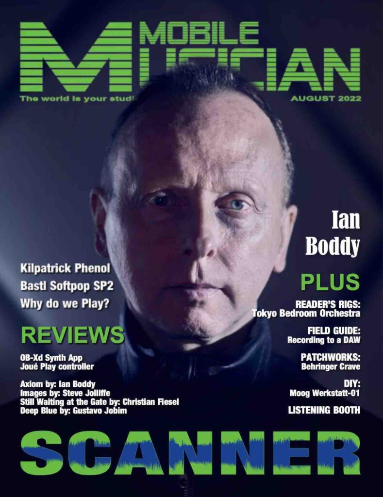 Cover for Mobile Musician magazine, with an atmospheric image of a man staring directly at the camera, aged around 50. Very moody and intense