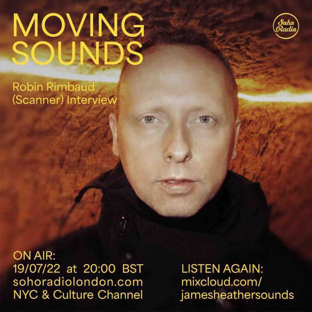 Moving Sounds reads the text above the image of a handsome man staring directly at the camera with a light in a cave behind him