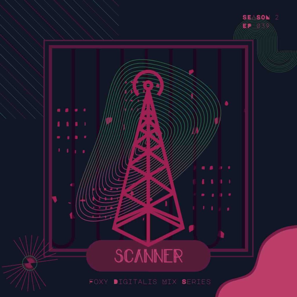 Red coloured image of a radio antenna, hand drawn, with the word SCANNEr at the bottom