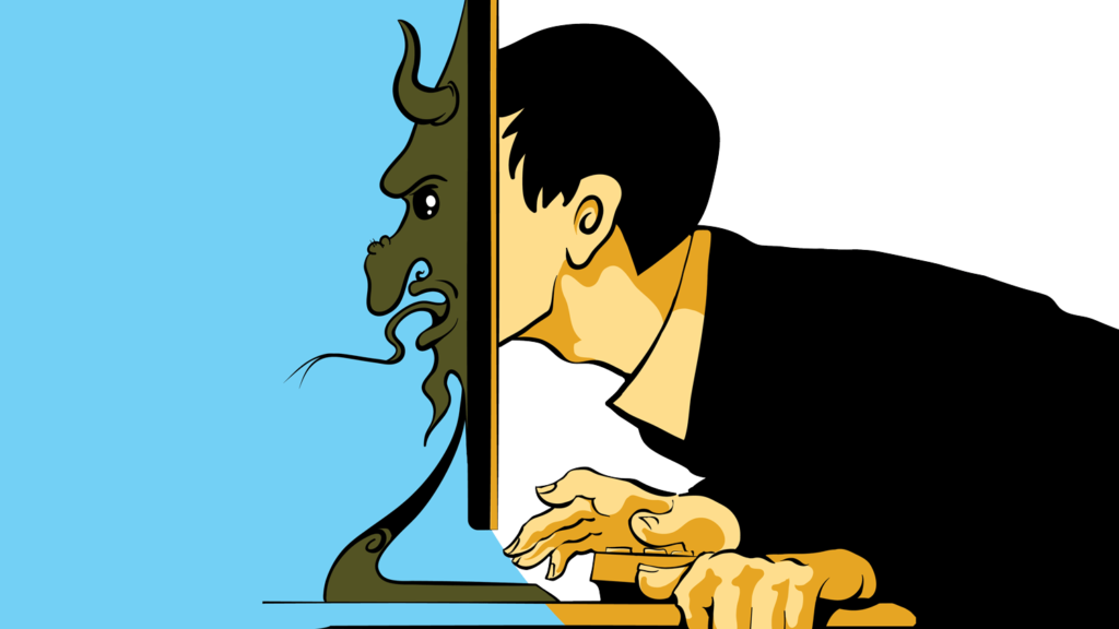 Cartoon image in colour of a man in a suit pushing his face into the computer screen and out the other side emerges a scary monster