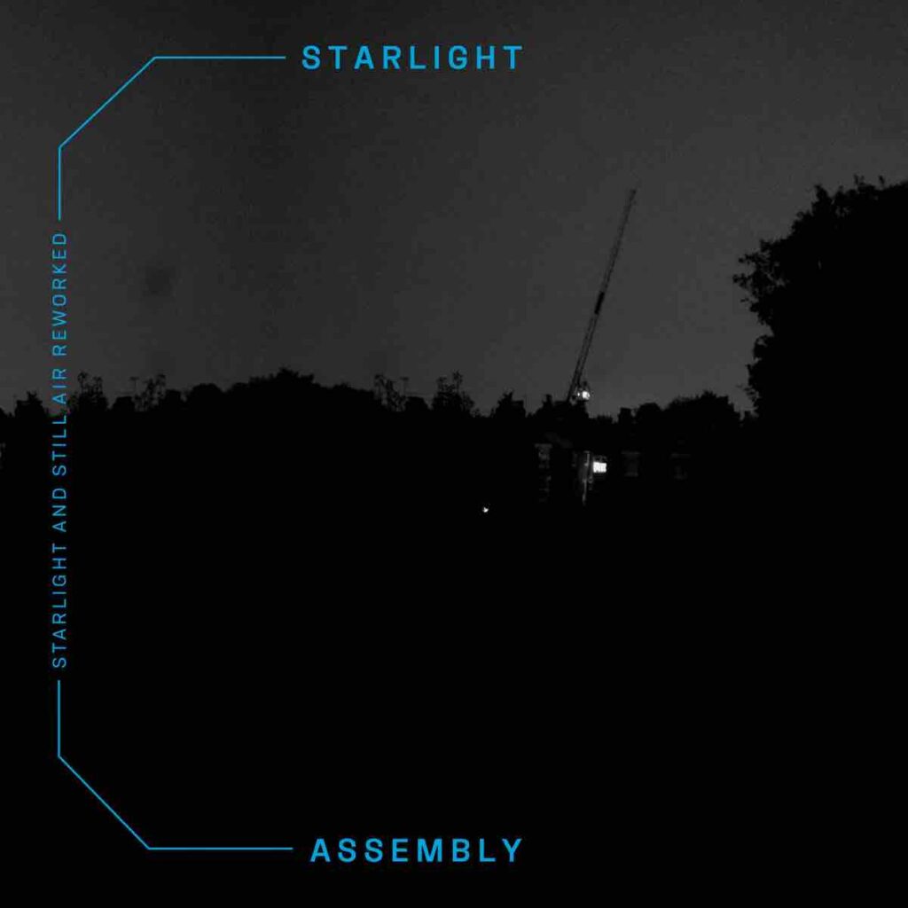LP cover, black and white image of a crane in the dark with trees all around. Text reads Starlight Assembly in blue at the top and bottom