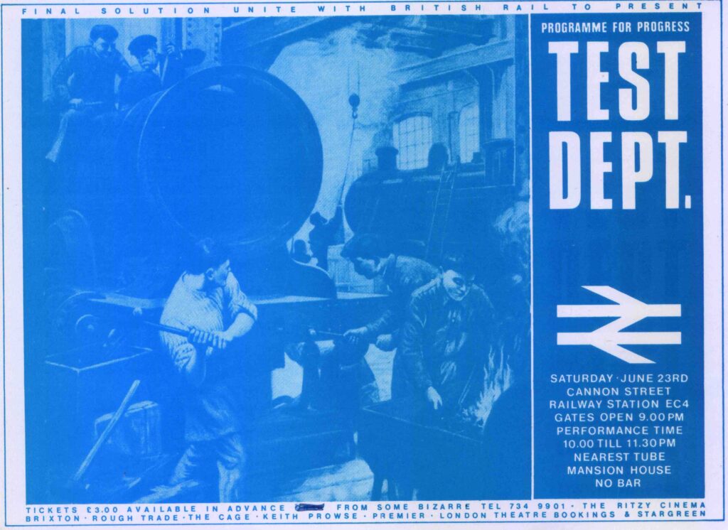 A ticket for a concert of Test Dept. Programme for Progress. Image is an old painting of inside a factory with men working on a train. Everything is tinted blue with the text in white