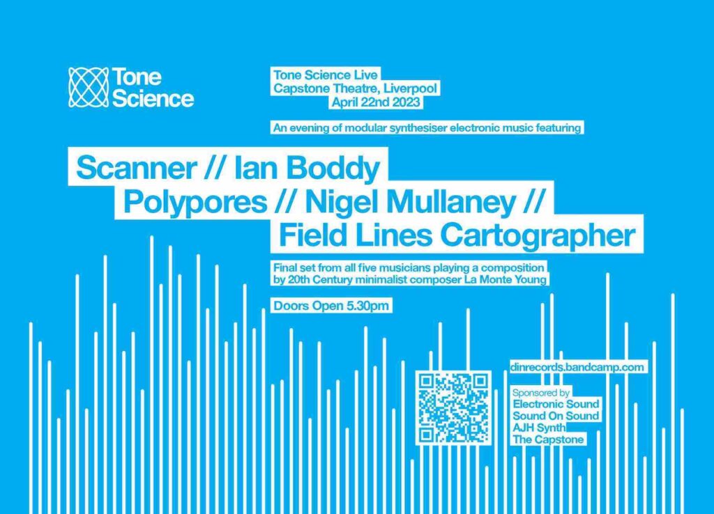 Blue coloured poster for a concert in Liverpool at the Capstone Theatre on 22 April 2023 called Tone Science. Thin white lines run all the along the bottom of the poster vertical to the page