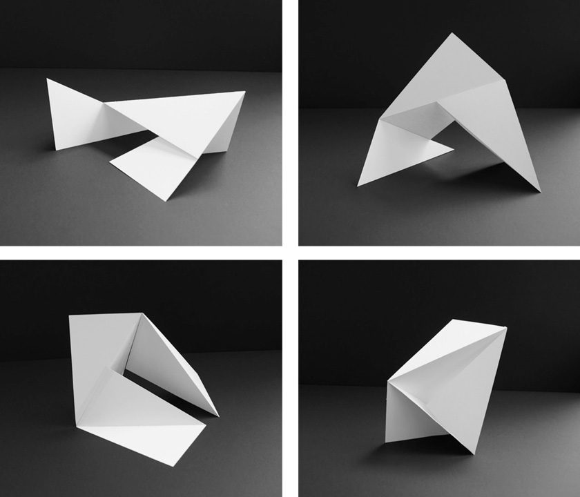 Black and white image divided into four sections, each featuring an image of a piece of paper folded into different architectural shapes