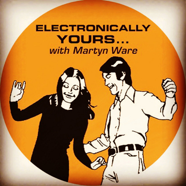A circular image of a drawing of a man and woman dancing, very simple and innocent. Text above them reads 'Electronically Yours - with Martyn Ware'