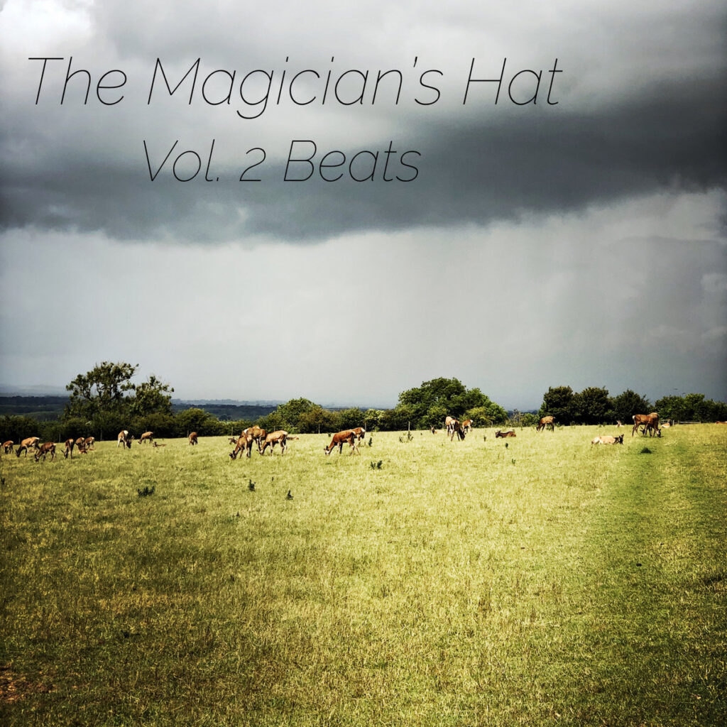 Colourful image of deer in a huge part, very dramatic lighting, with a heavy cloudy sky and sun breaking through onto the grass. A text across the top reads The Magician's Hat Vol 2 Beats