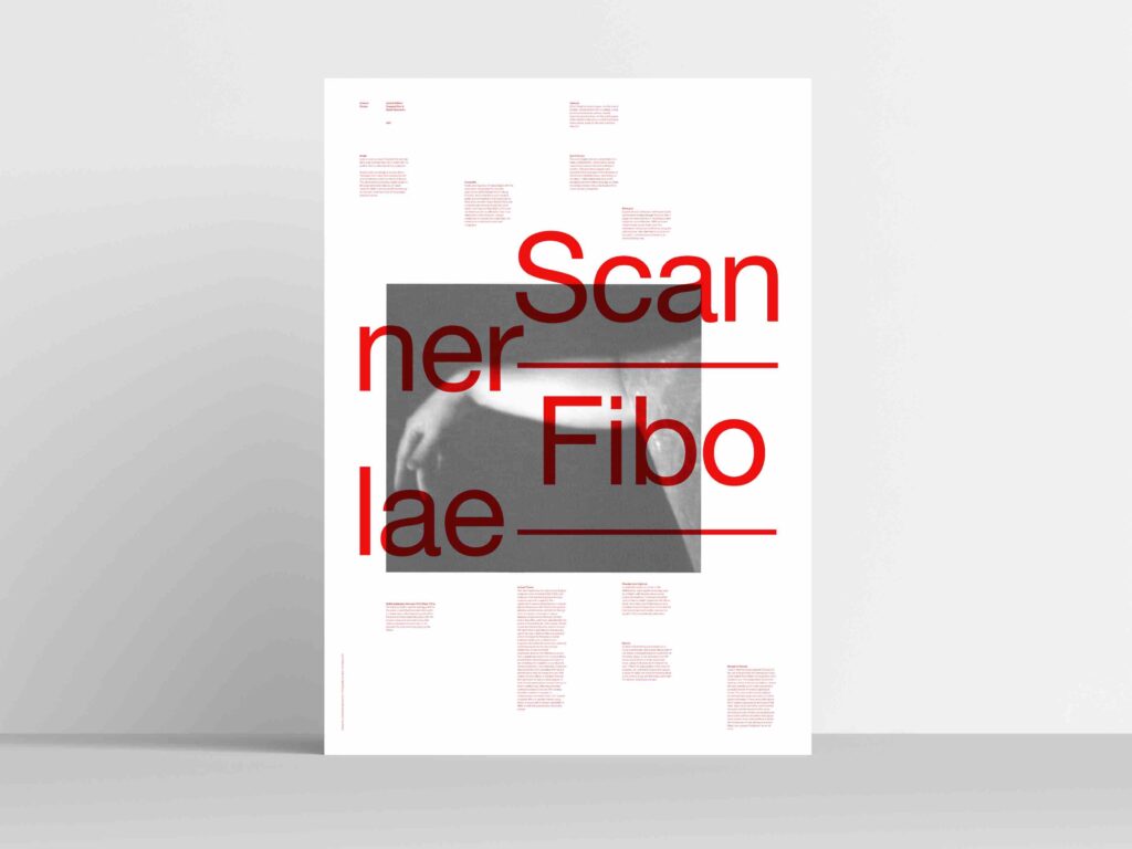 A photo of a poster standing on a stable. The poster is white with an black and white image of an arm. Red text across the poster reads SCANNER FIBOLAE