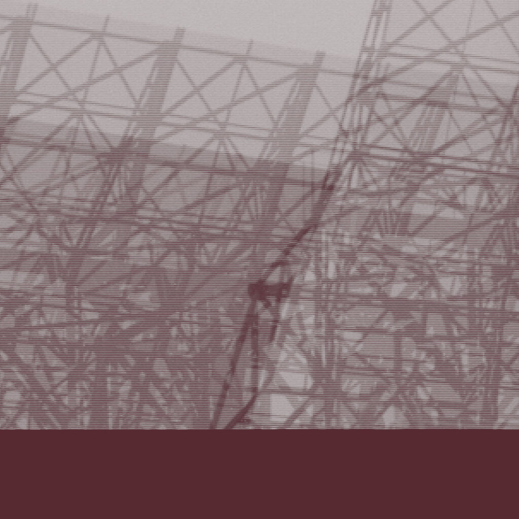 Abstract image of wires and cables and telegraph poles all connected in a blurry collage, coloured in purple