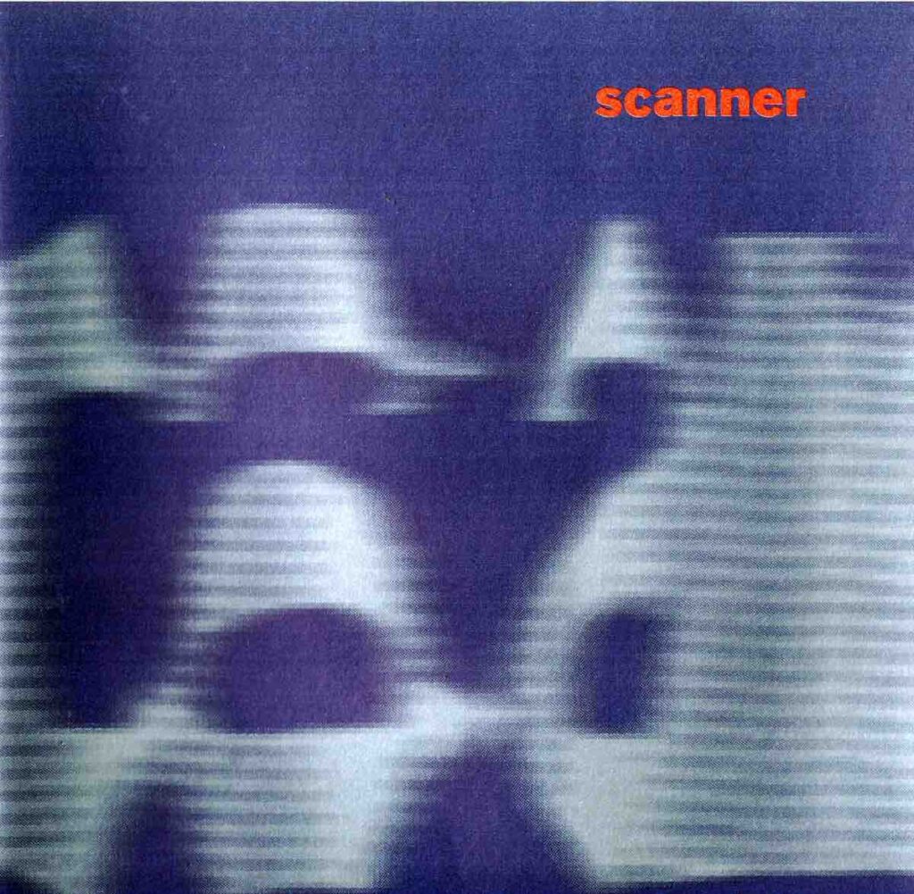 A CD cover with the word SCANNER in the top right hand corner in red. The remaining image is blue with white lines on it