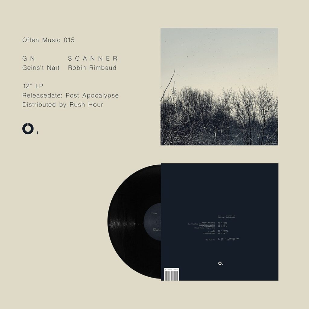 Record sleeve design for Scanner album with image of nature and trees breaking through into the sky, in an autumnal way