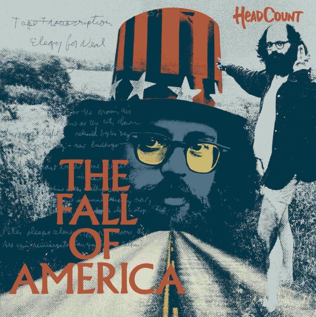 Photograph of American beat poet Allen Ginsberg, processed in a computer, collaged with other images of him. A bearded man in glasses.