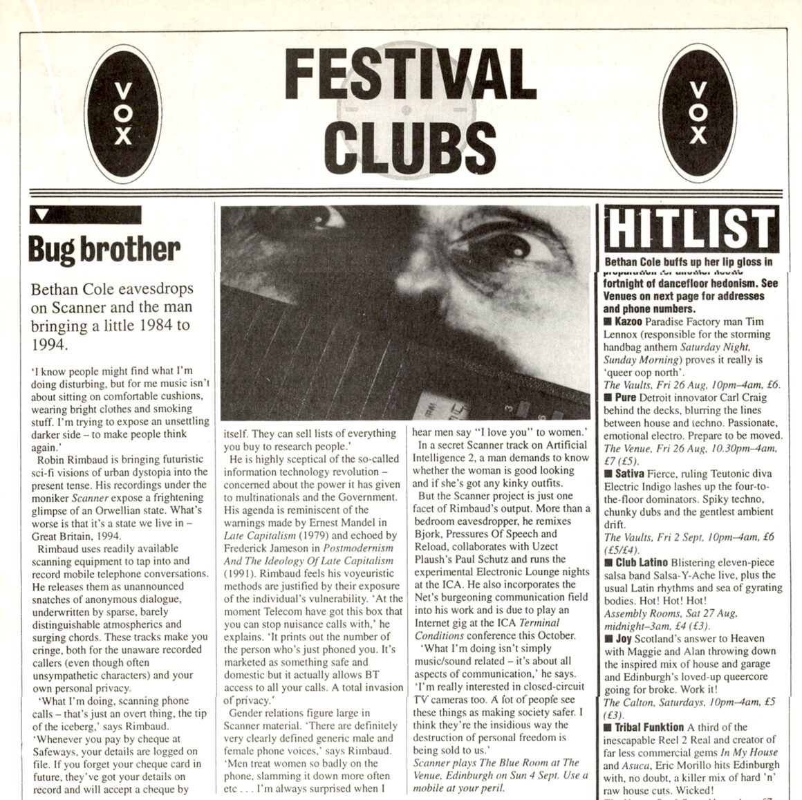 Interview text from The List Scotland 1994, with a page filled with text entitled Bug Brother with an image of a man's eyes in black and white