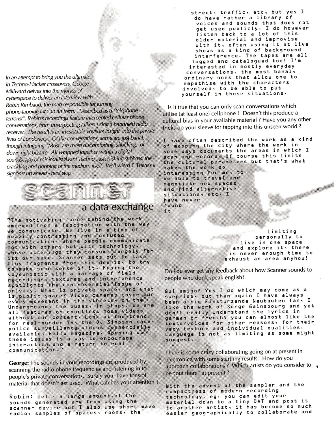 Image of man crouched on the floor holding a radio receiver, faded into the background with text in the foreground