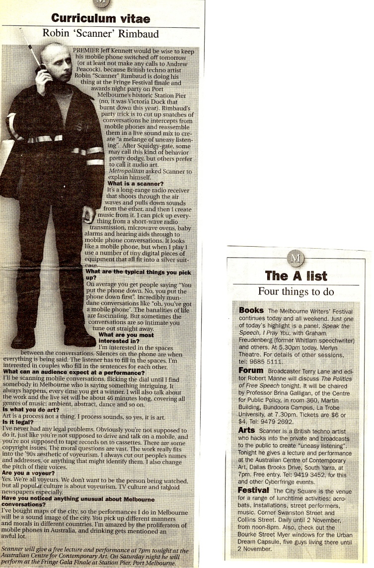 Newspaper clipping of interview with Scanner, with text and then a photograph of a man dressed in black holidng a radio receiver to his right ear