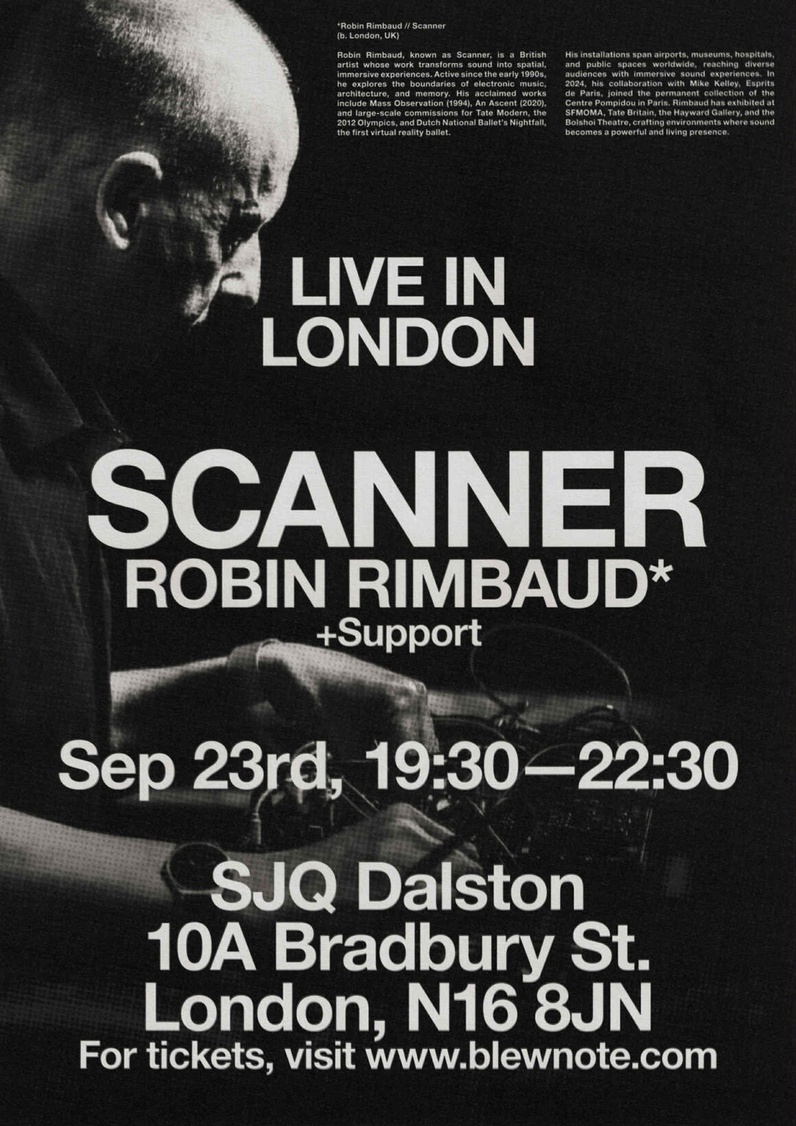 Black and white promotional image for a live show of Scanner in London at SJD Dalston on 23 Sept 2025. The figure of an older white man can be seen on the left on stage, close up, performing music