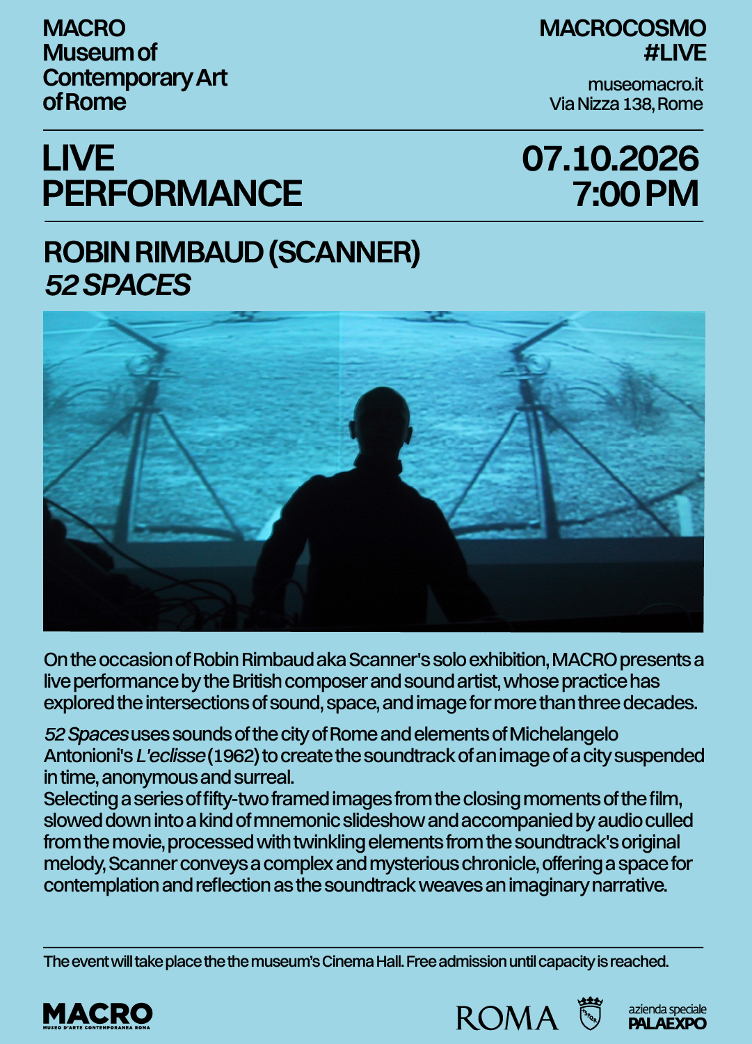 Poster for a live performance event at MACRO Museum of Contemporary Art of Rome featuring Robin Rimbaud (Scanner) titled "52 Spaces," scheduled for October 7, 2026, at 7:00 PM, with an image of a silhouette person facing a large blue screen projection, and descriptive text about the event.