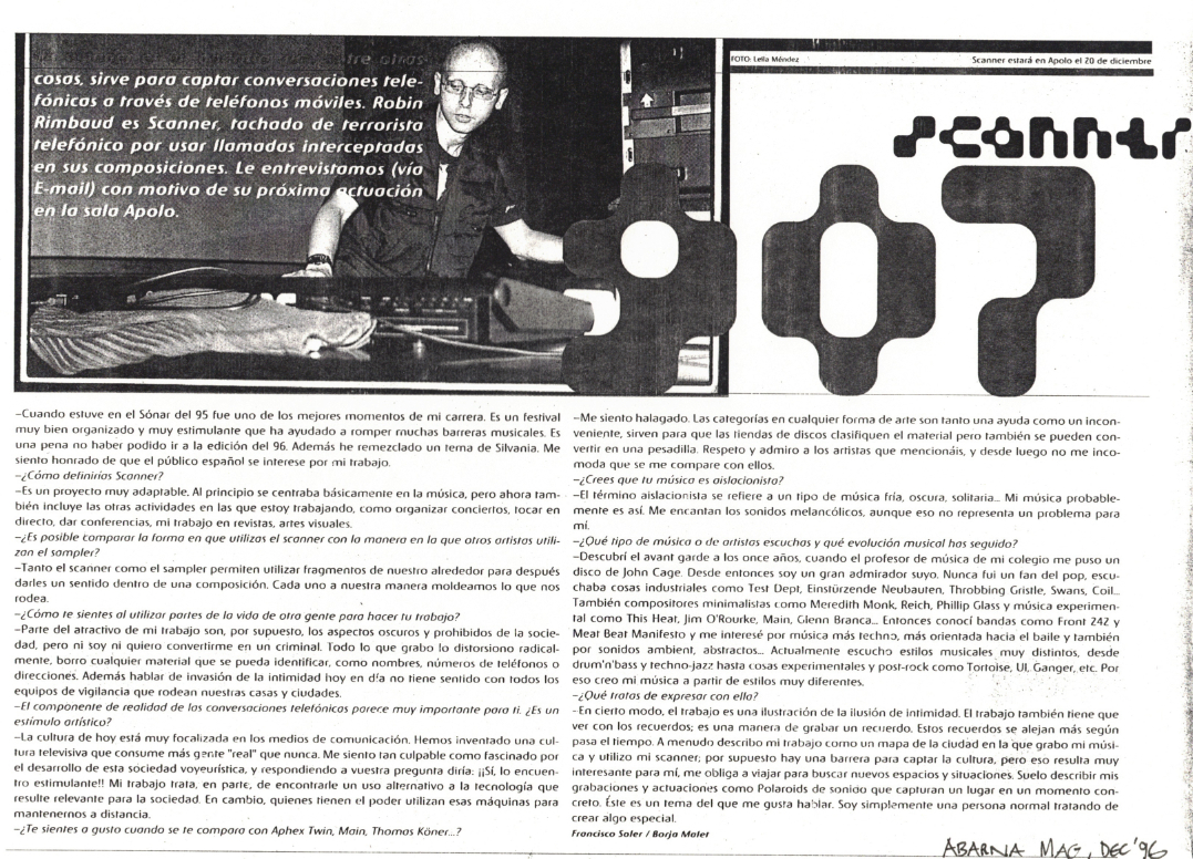 Interview with British artist Scanner in Spanish magazine Albana