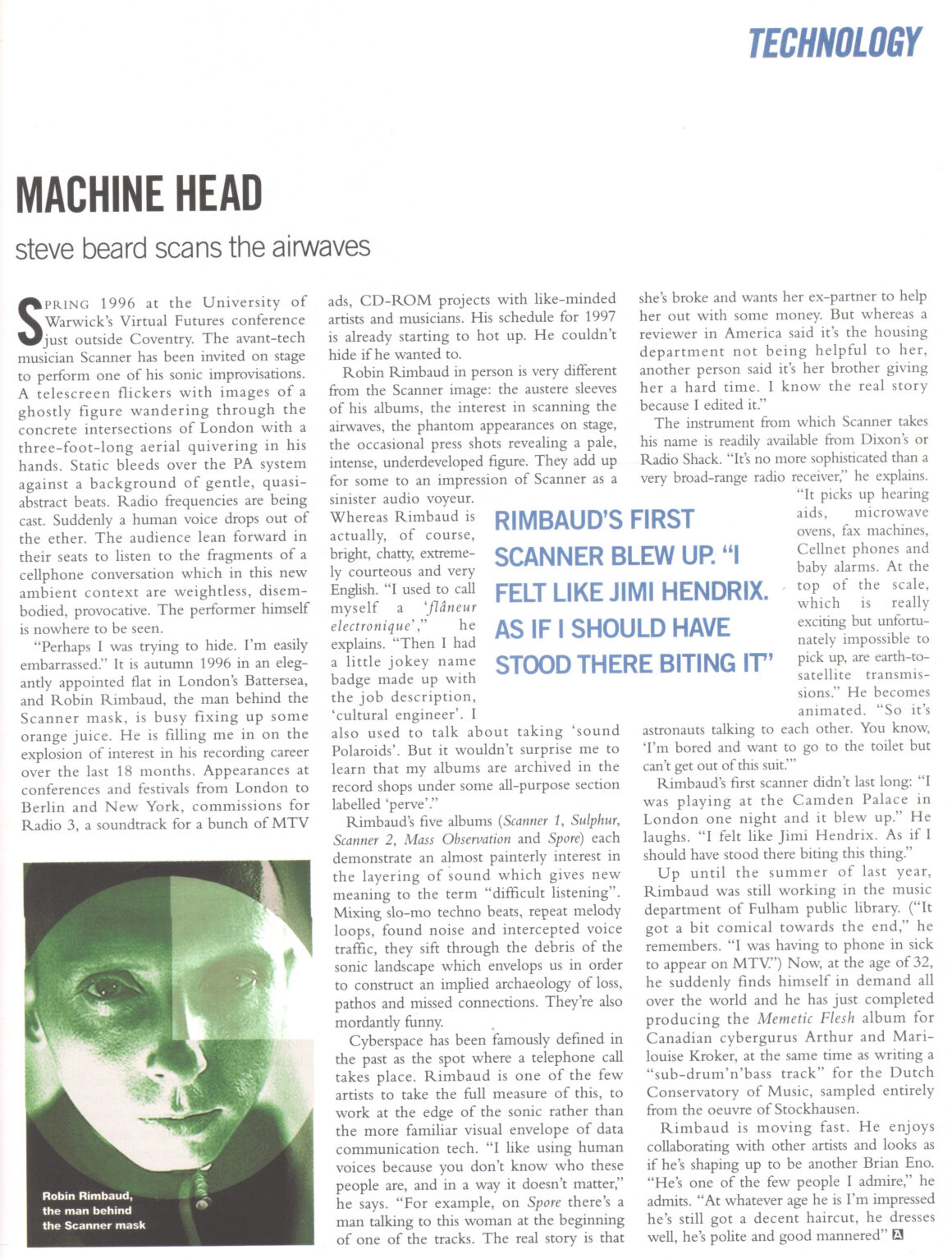 Page of text with Machine Head as the title and a photograph of a man with a green tint over the image in a circle at the bottom of the page