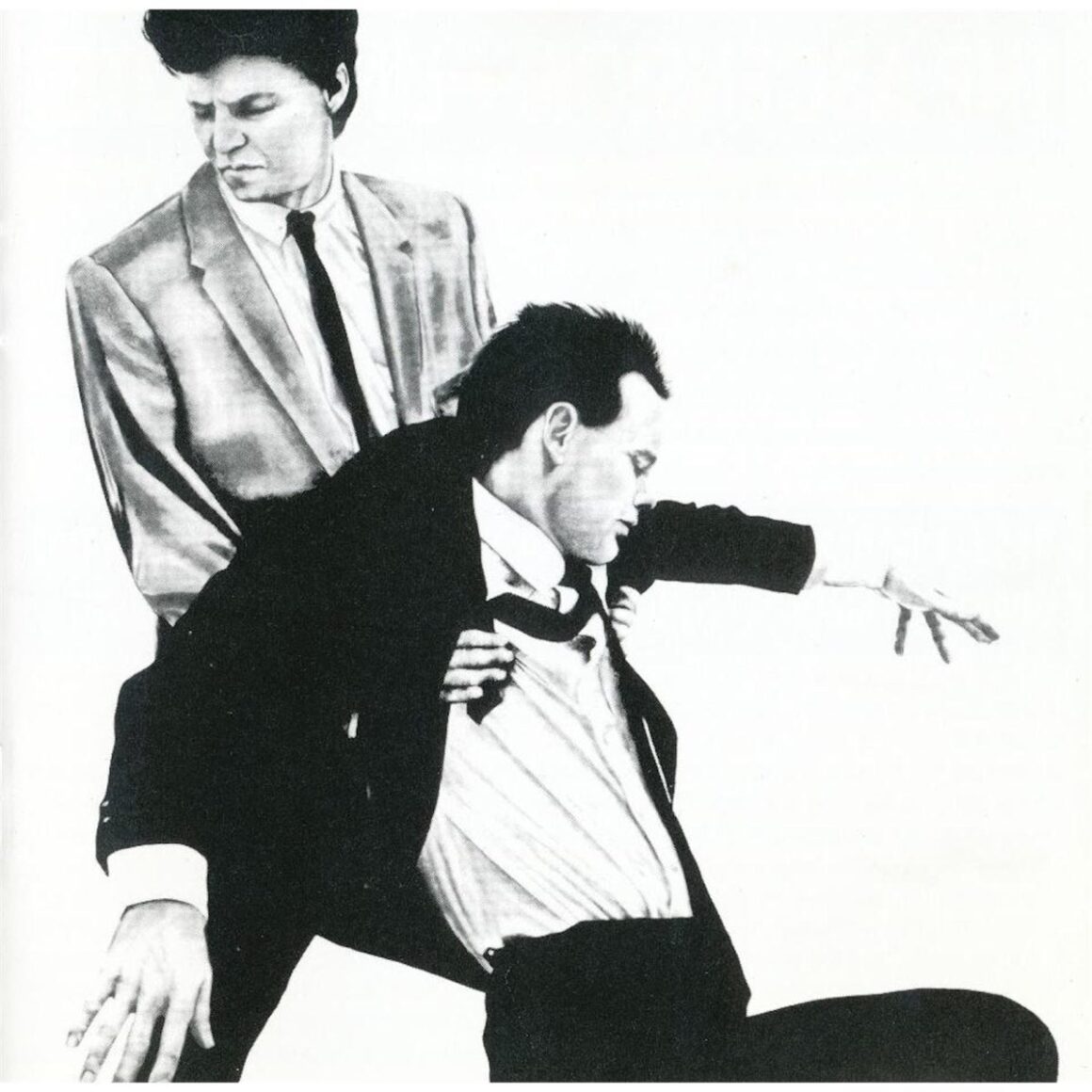 Black and white hand drawn image of two men in business suits. One is collapsed into the arms of the other as he supports him and turns away