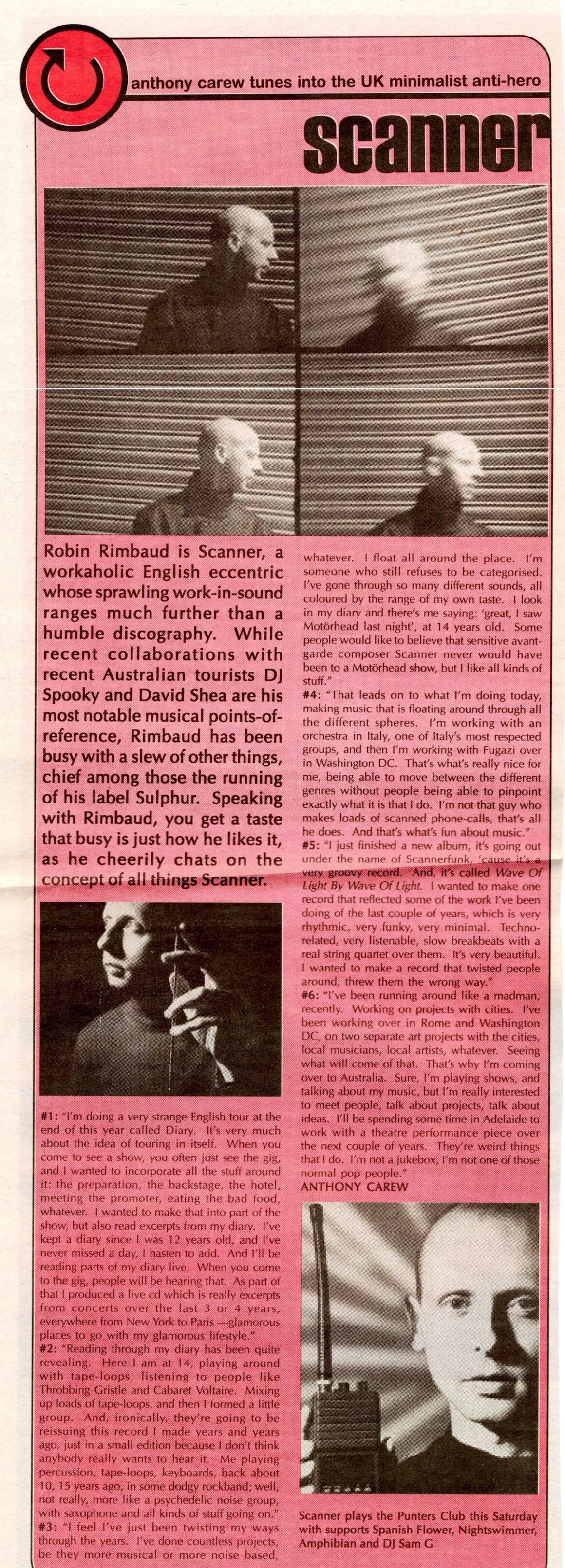 Interview with UK artist Scanner, with blurry photographs of a white man with cropped hair and others with him holding a mobile phone, alongside a long interview