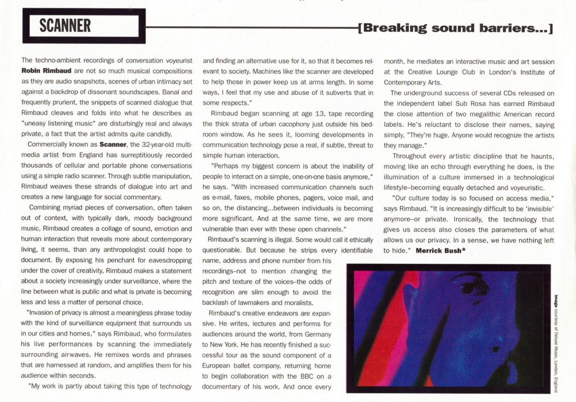 Page of text entitled Scanner Breaking Sound Barriers, with a colourful close-up image of a man's face with his fingers over his face at the bottom of the page