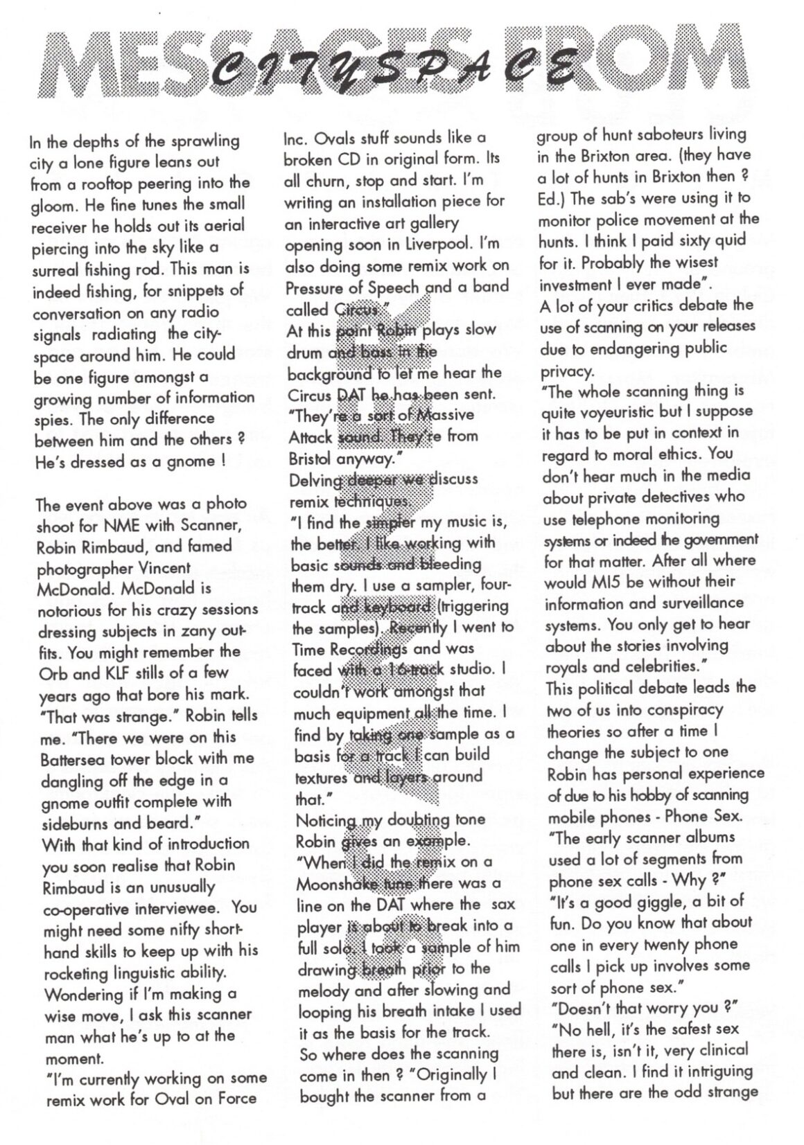 Page of text, with black text on white, entitled Messages from Cityspace