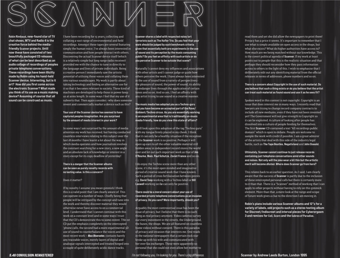 Black and white page with white text on black, with large SCANNER in top of page