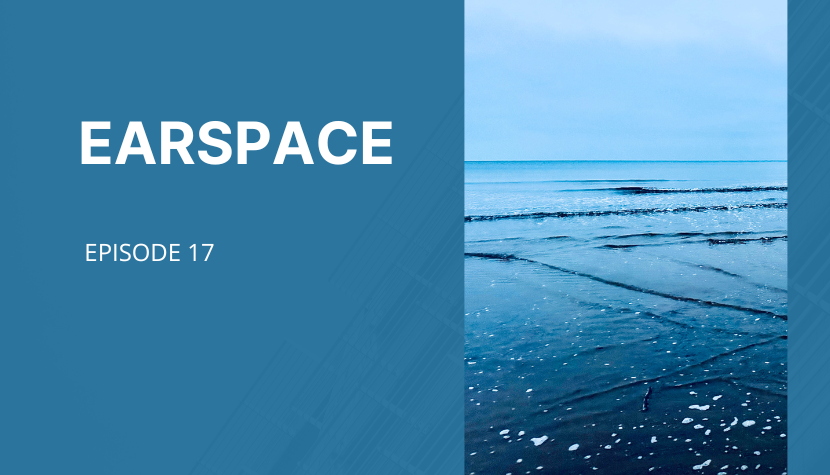A blue image, with the text Earspace Episode 17 displayed on a blue background. On the right is an image of an empty beach at dusk also resonating with a blue colour and water reflections