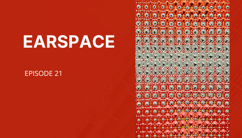 A red background with the text Earspace Episode 21 on it next to an abstract image of shiny pins with light reflecting on them