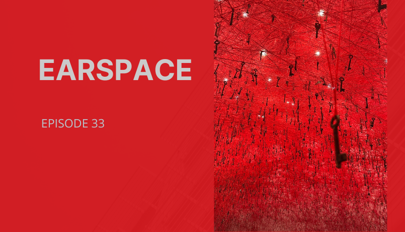 Red background with the text "EARSPACE EPISODE 33" on the left and an artistic installation of numerous hanging black keys against a red backdrop on the right.