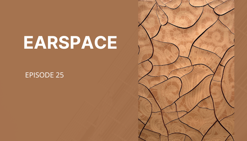 Promotional poster for radio show Earspace 25 that is minimal in design. On the left are the words Earspace Episode 25 in bold white lettering, whilst on the right is an abstract sandy image of a cracked landscape with black lines across it