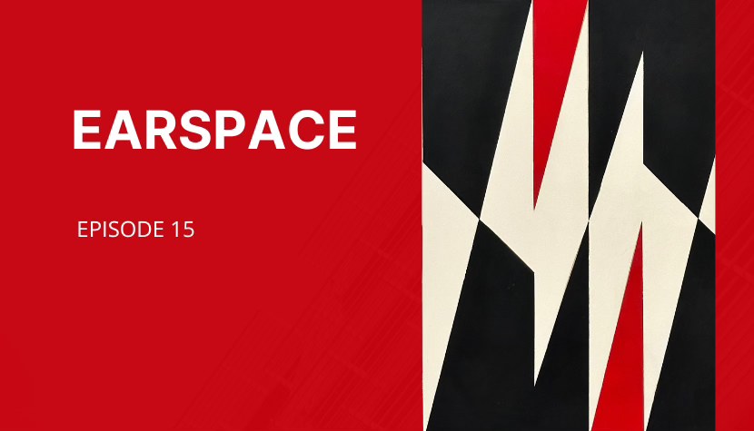 The word Earspace in white across a red background, with an abstract artwork to the right