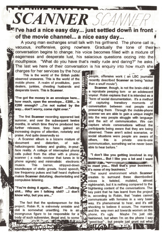 Black and white text page interview with artist Scanner