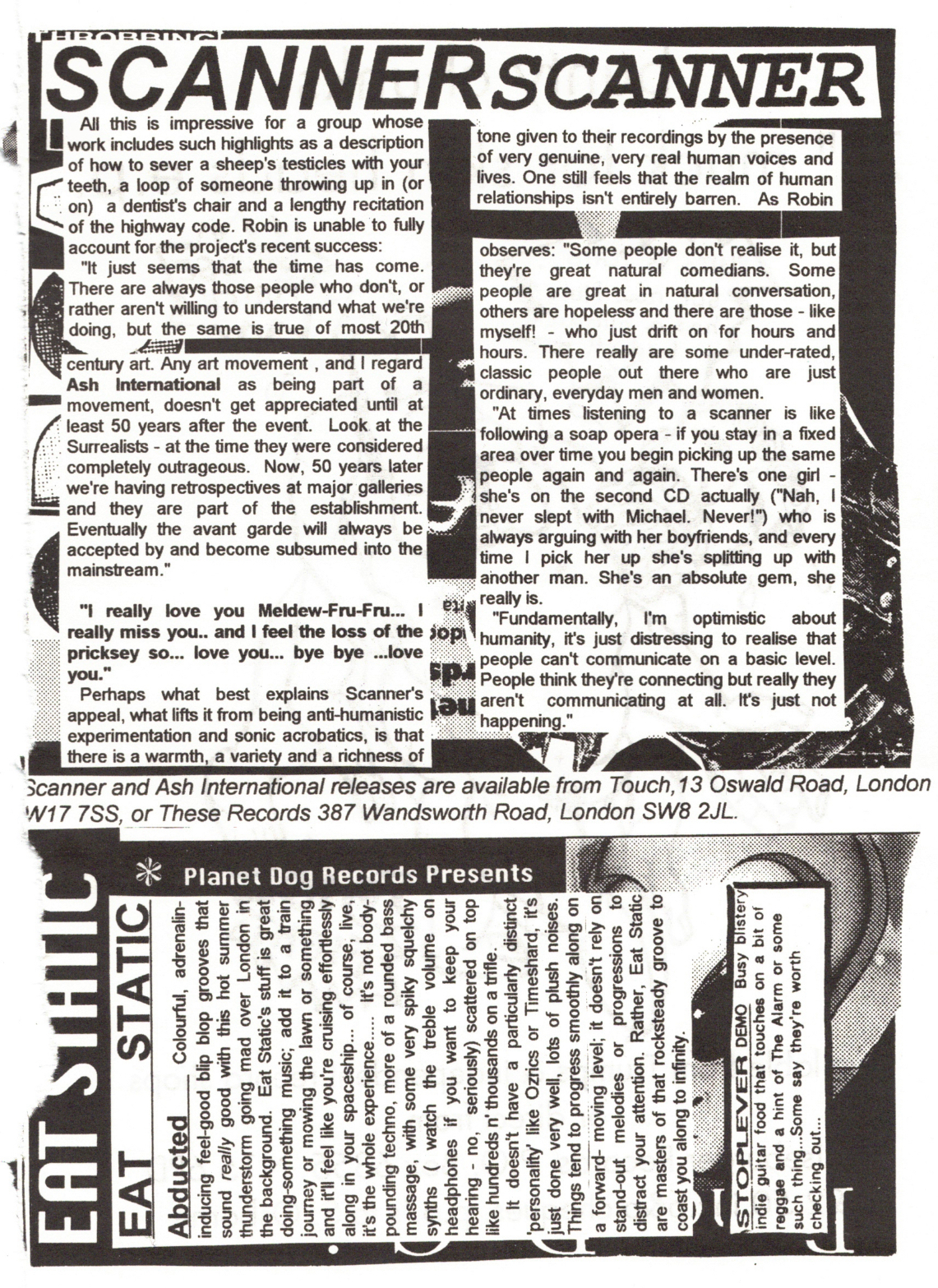 Black and white text page interview with artist Scanner