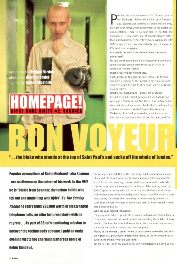 Colourful photo of white man with cropped in a white jacket staring at the camera in a menacing way accompahing an interview entitled Bon Voyer