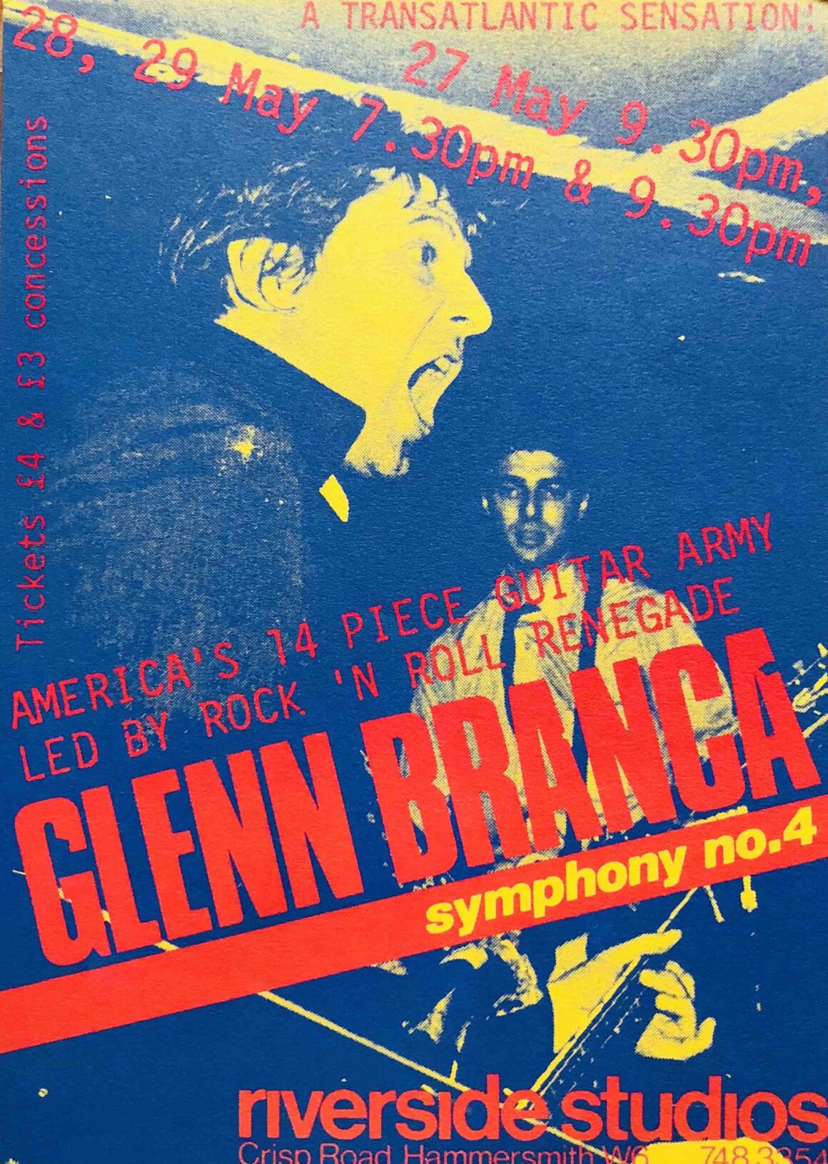 Colour poster for a concert for Glenn Branca with text boldly written in red across an image of an open mouthed man in a black jacket with the collar turned up, clearly shouting across the stage as he plays the guitar